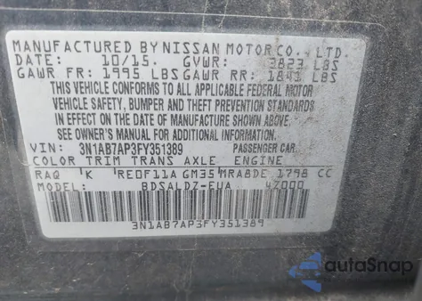2015 Nissan Sentra Sv z USA, uszkodzony, nr VIN 3N1AB7AP3FY351389